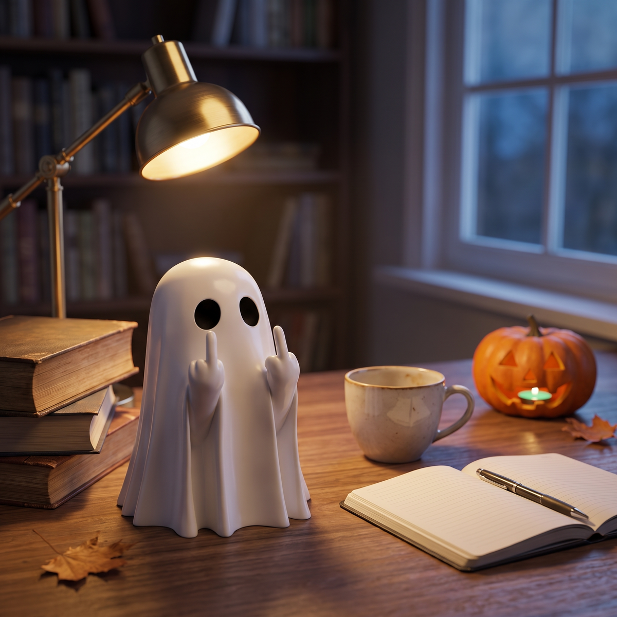 Ghost statue on a cozy desk with books and a pumpkin
