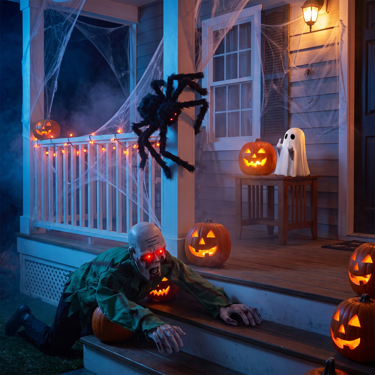 Zombie, spider and ghost decorating a Halloween porch