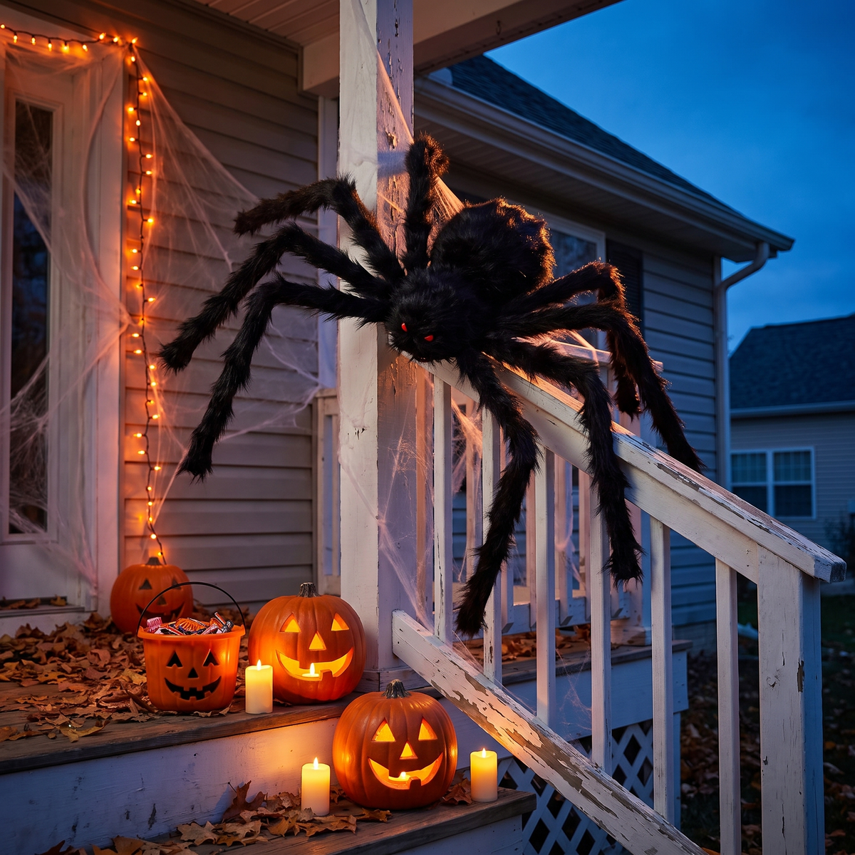 Giant hairy spider decoration on a Halloween porch