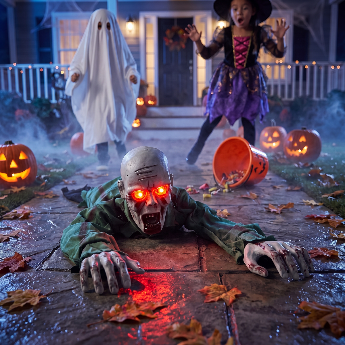 Crawling zombie prop scaring trick-or-treaters
